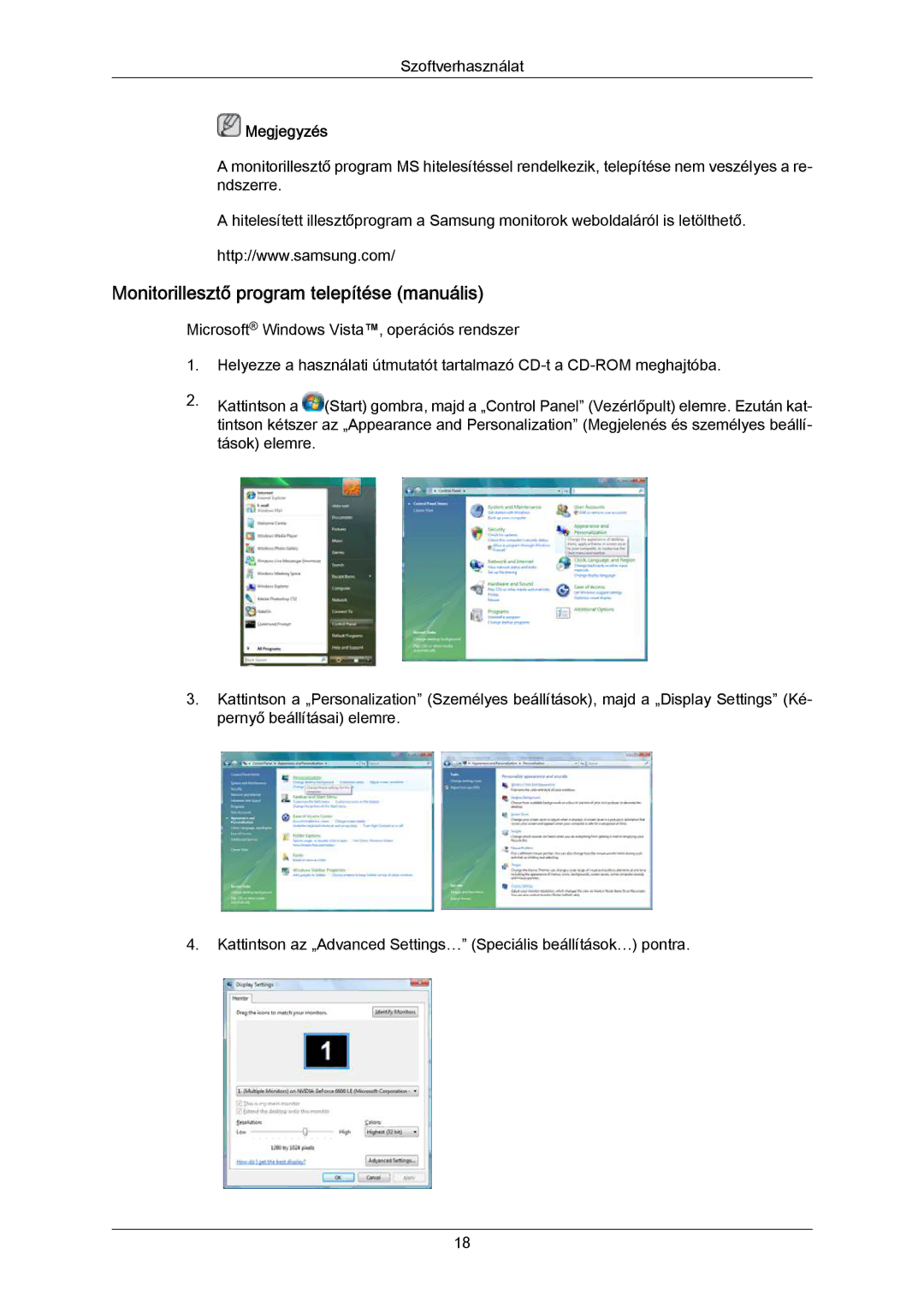 Samsung LS23CMZKFVA/EN, LS23CMZKFV/EN, 2333SW-KF/KR manual Monitorillesztő program telepítése manuális 