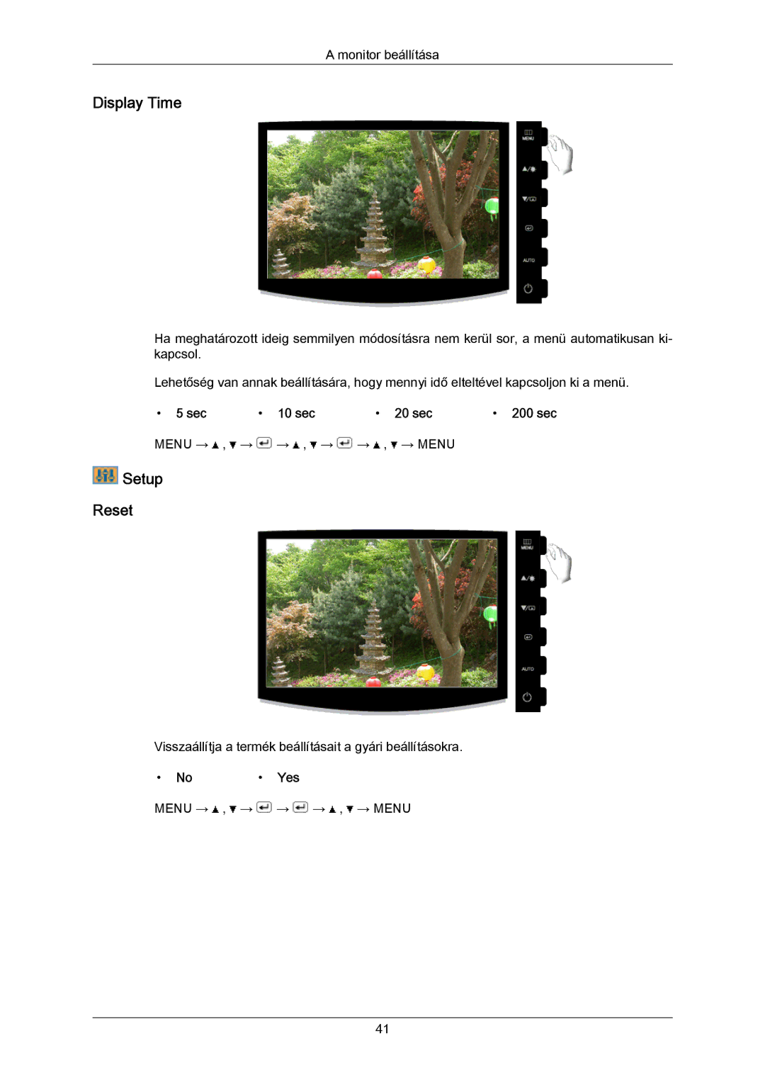 Samsung LS23CMZKFV/EN, LS23CMZKFVA/EN, 2333SW-KF/KR manual Display Time, Setup Reset, Sec 10 sec 20 sec 200 sec, Yes 