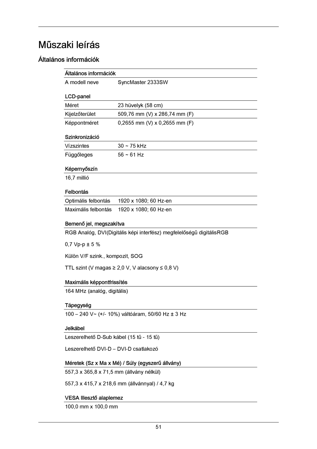 Samsung LS23CMZKFVA/EN, LS23CMZKFV/EN, 2333SW-KF/KR manual Műszaki leírás, Általános információk 