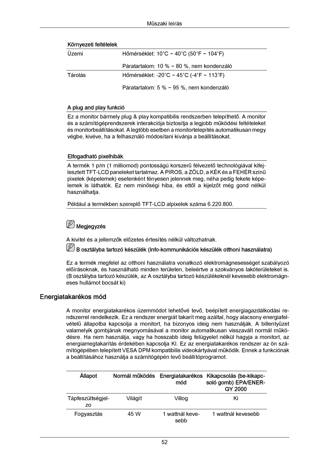 Samsung 2333SW-KF/KR manual Energiatakarékos mód, Környezeti feltételek, Plug and play funkció, Elfogadható pixelhibák 