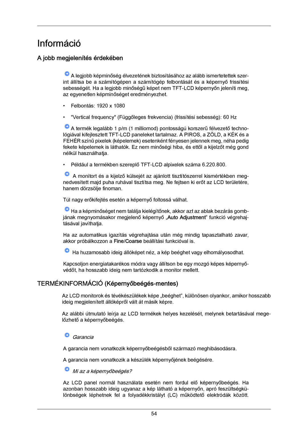 Samsung LS23CMZKFVA/EN, LS23CMZKFV/EN manual Információ, Jobb megjelenítés érdekében, Termékinformáció Képernyőbeégés-mentes 