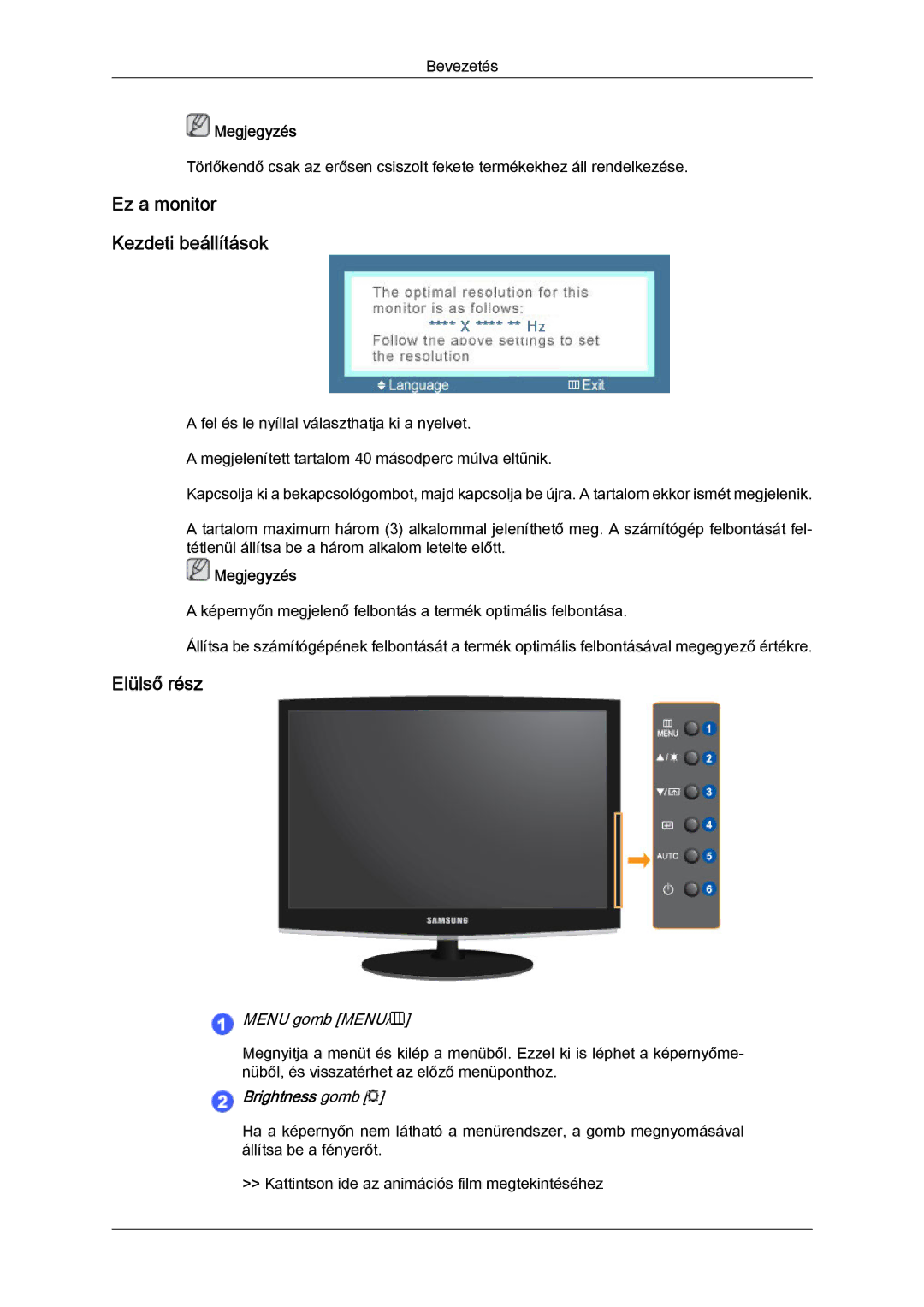 Samsung LS23CMZKFV/EN, LS23CMZKFVA/EN, 2333SW-KF/KR manual Ez a monitor Kezdeti beállítások, Elülső rész 