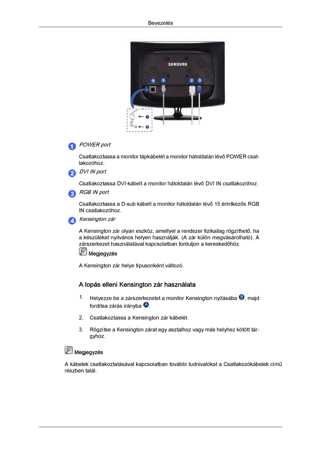 Samsung 2333SW-KF/KR, LS23CMZKFV/EN, LS23CMZKFVA/EN manual Lopás elleni Kensington zár használata, RGB in port 