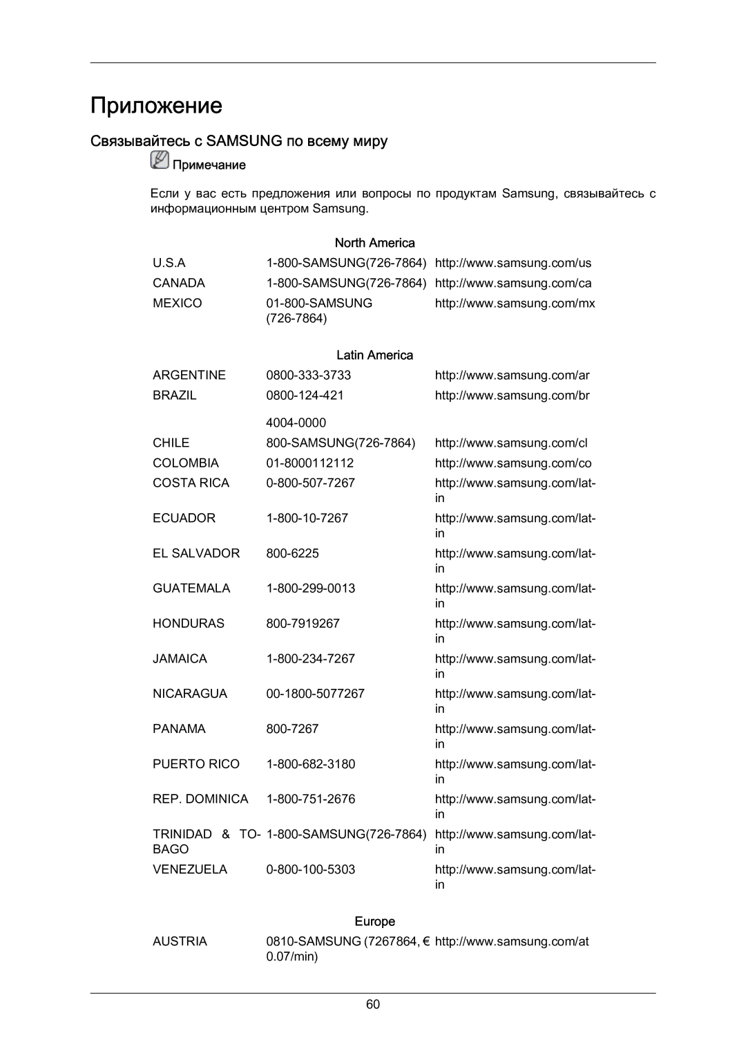 Samsung LS23CMZKFVA/EN manual Приложение, Связывайтесь с Samsung по всему миру, North America, Latin America, Europe 