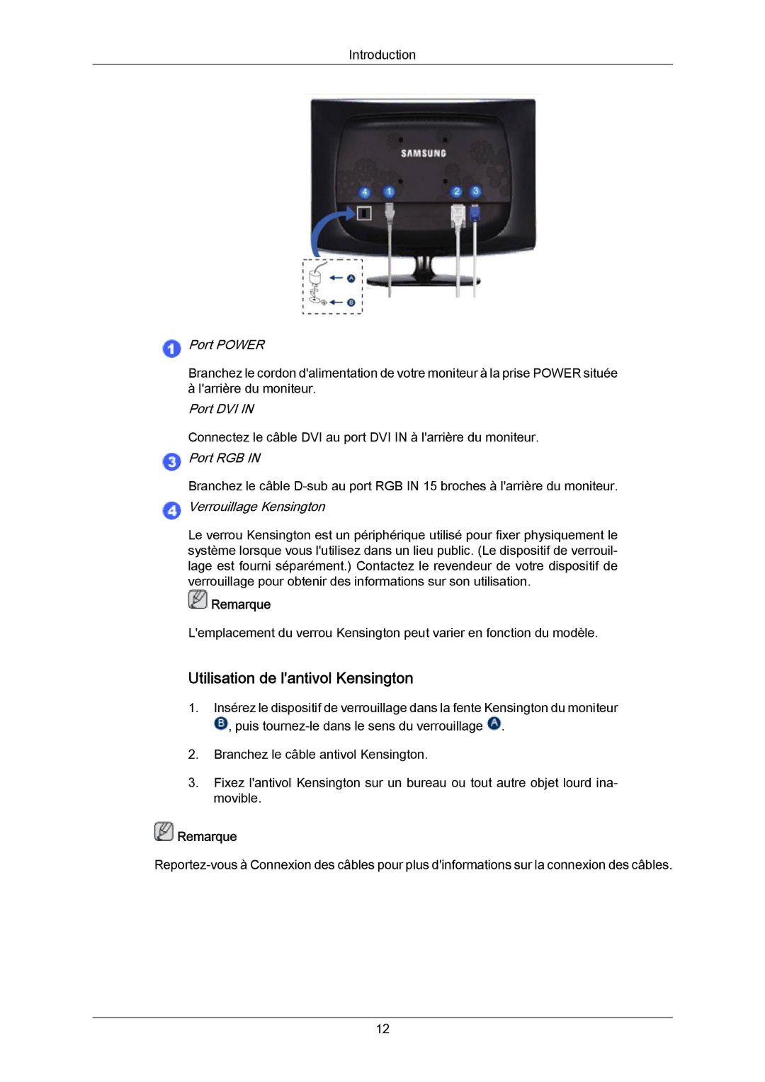 Samsung LS23CMZKFVA/EN, LS23CMZKFV/EN manual Utilisation de lantivol Kensington, Port Power 