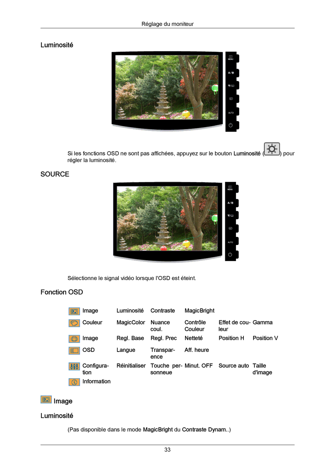 Samsung LS23CMZKFV/EN, LS23CMZKFVA/EN manual Fonction OSD, Image Luminosité 