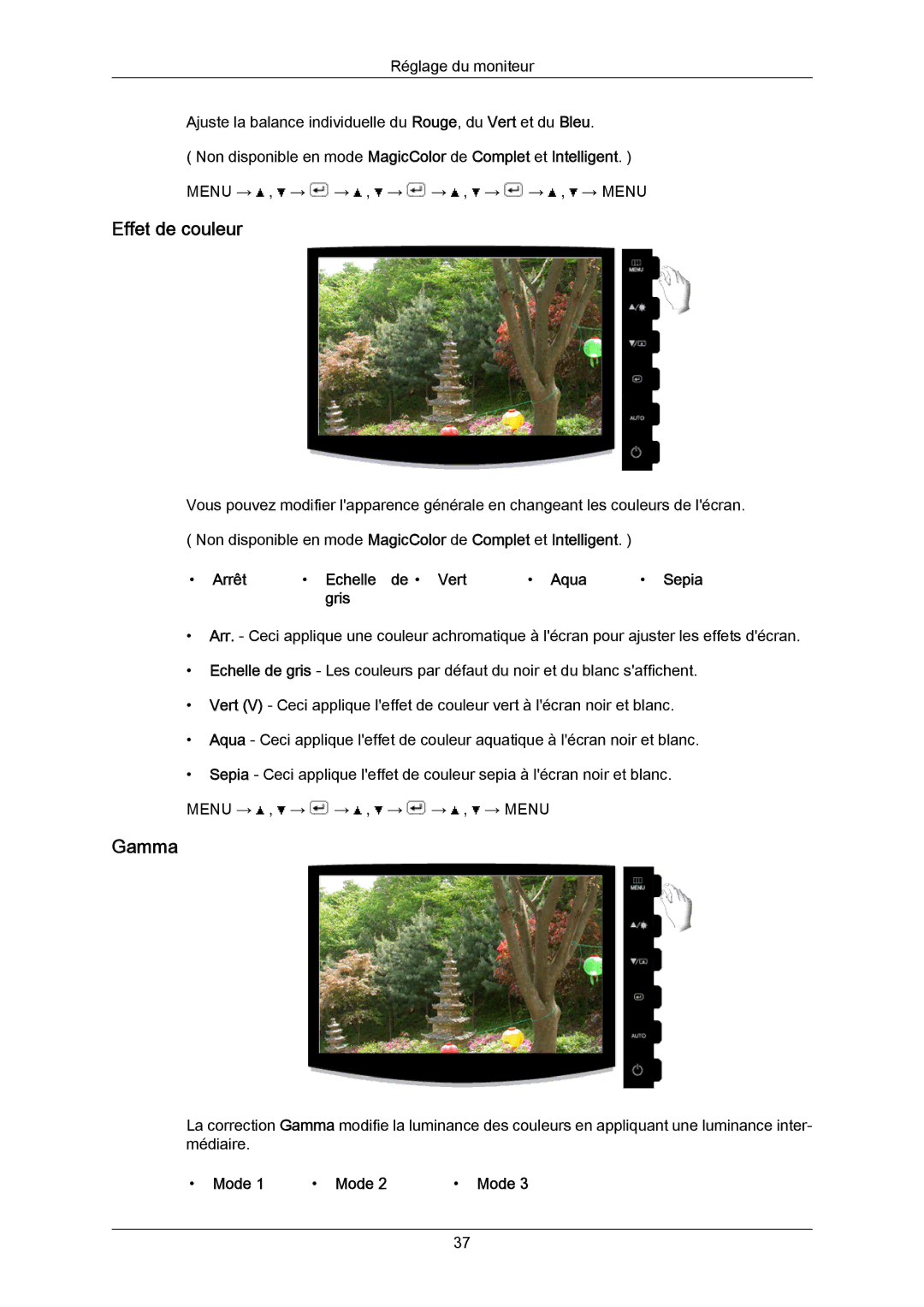 Samsung LS23CMZKFV/EN, LS23CMZKFVA/EN manual Effet de couleur, Gamma, Arrêt Echelle de Vert Aqua Sepia Gris, Mode 