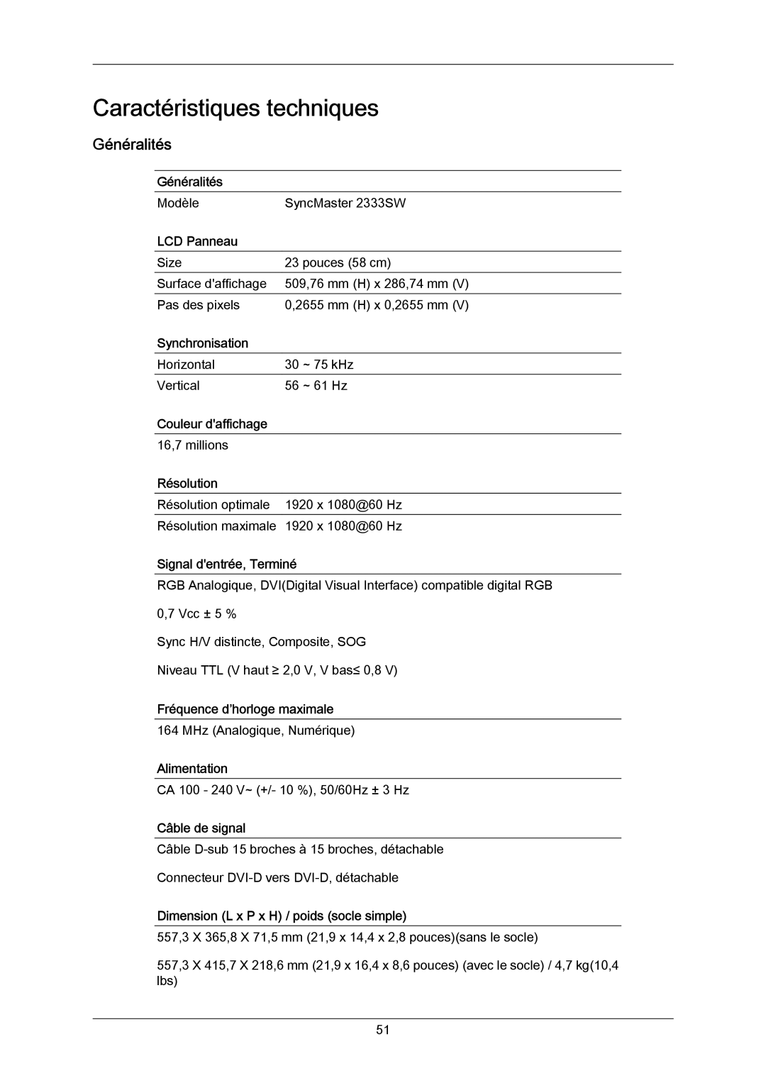 Samsung LS23CMZKFV/EN, LS23CMZKFVA/EN manual Caractéristiques techniques, Généralités 