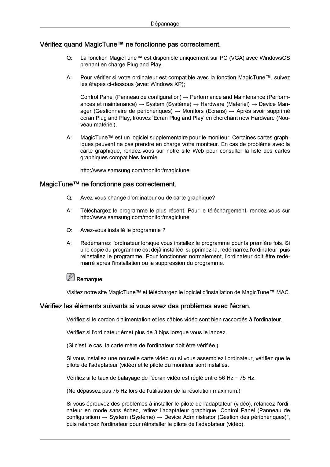 Samsung LS23CMZKFV/EN, LS23CMZKFVA/EN manual Vérifiez quand MagicTune ne fonctionne pas correctement 