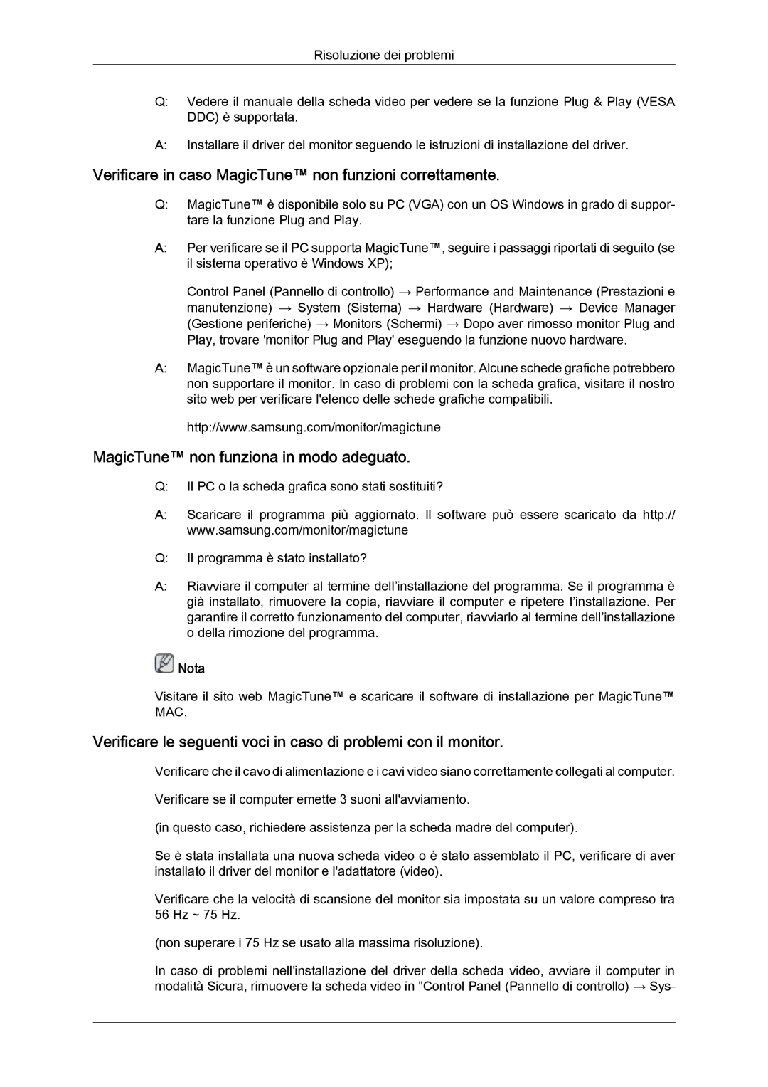 Samsung LS23CMZKFV/EN Verificare in caso MagicTune non funzioni correttamente, MagicTune non funziona in modo adeguato 