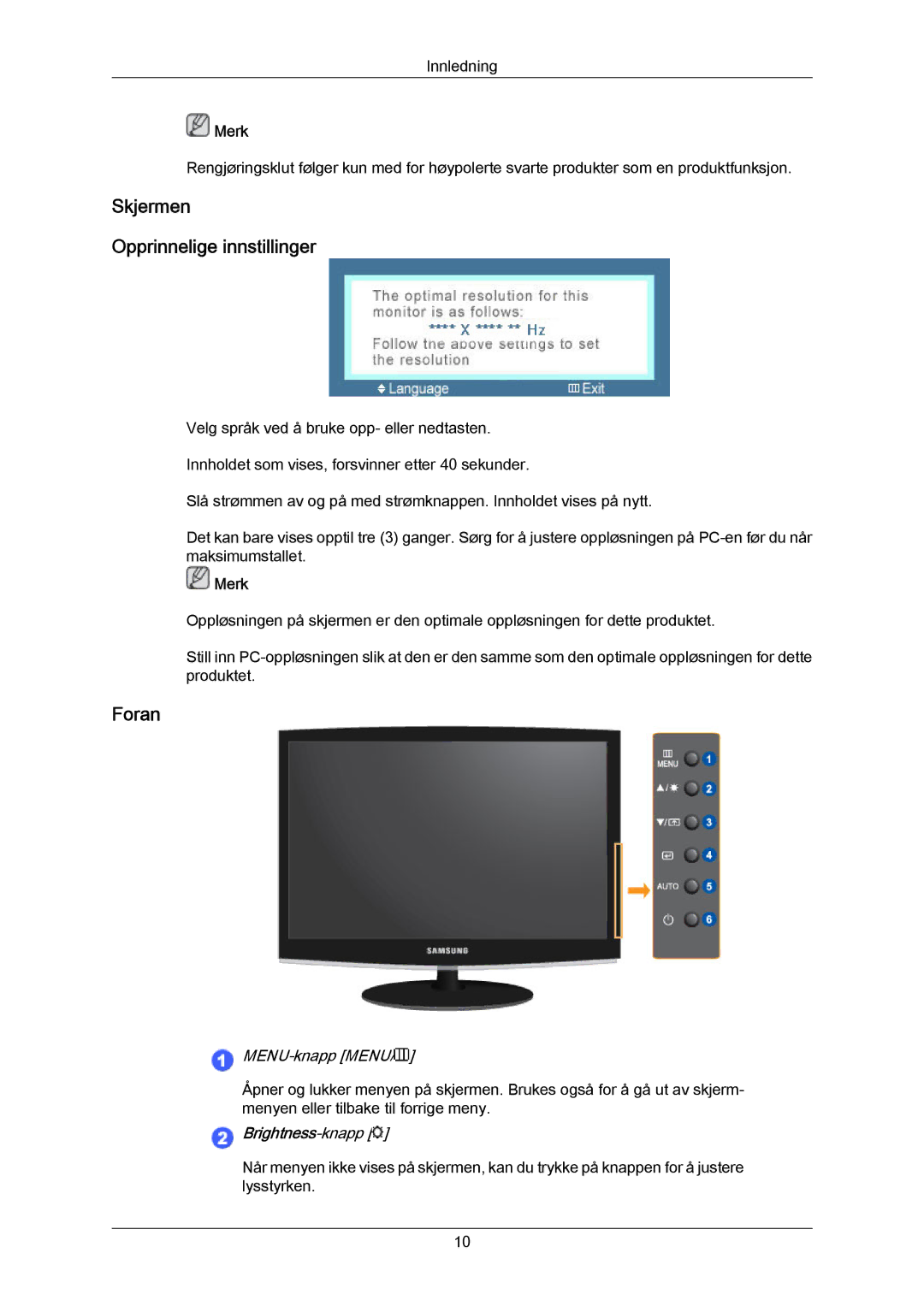 Samsung LS23CMZKFVA/EN, LS23CMZKFV/EN manual Skjermen Opprinnelige innstillinger, Foran 