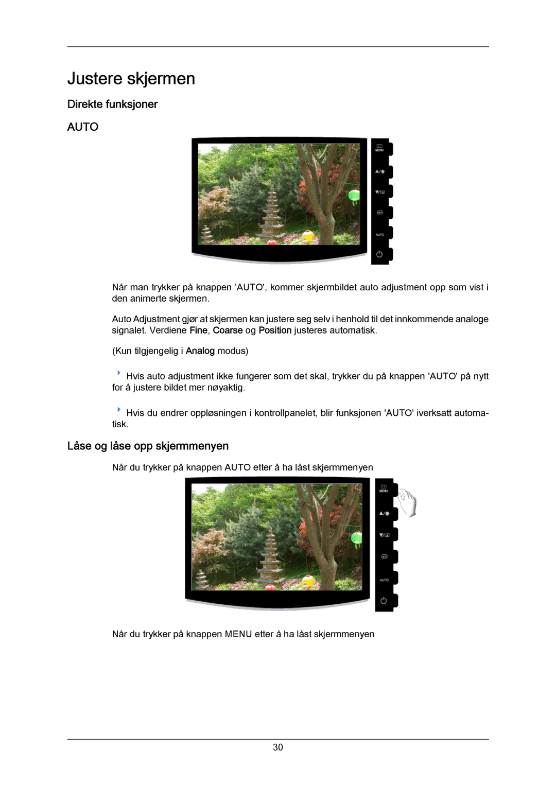 Samsung LS23CMZKFVA/EN, LS23CMZKFV/EN manual Justere skjermen, Direkte funksjoner, Låse og låse opp skjermmenyen 