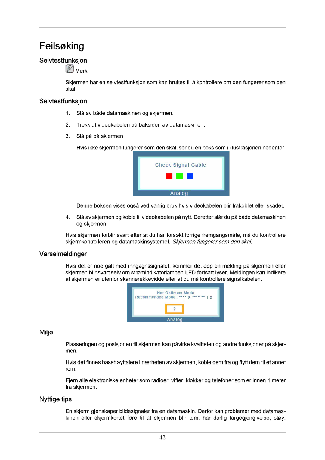 Samsung LS23CMZKFV/EN, LS23CMZKFVA/EN manual Feilsøking, Selvtestfunksjon, Varselmeldinger, Miljø, Nyttige tips 