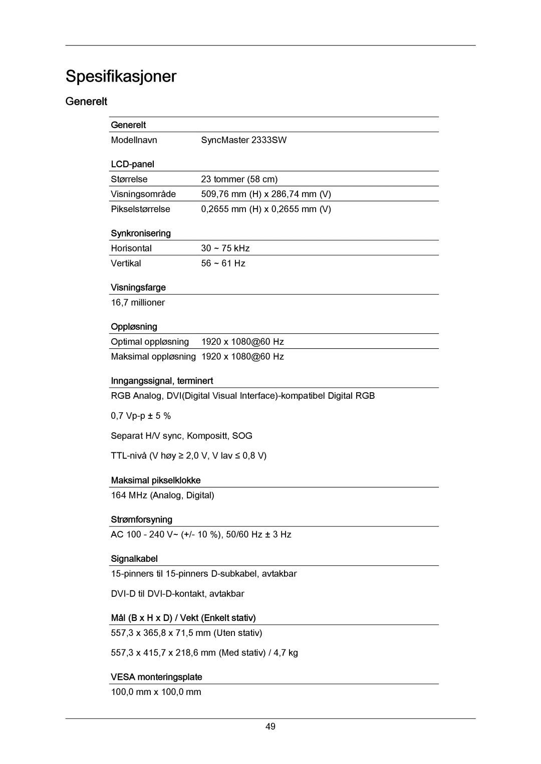 Samsung LS23CMZKFV/EN, LS23CMZKFVA/EN manual Spesifikasjoner, Generelt 