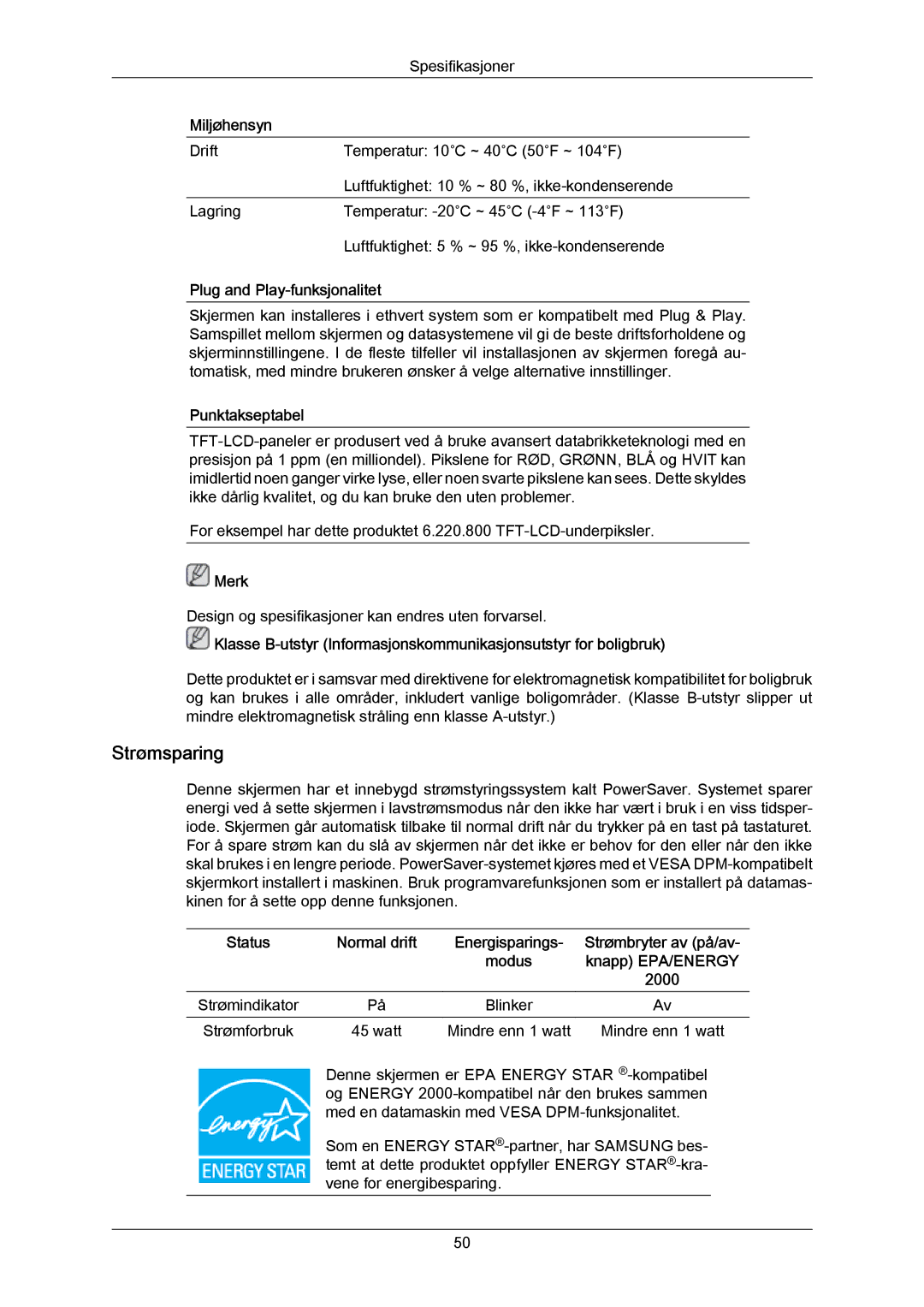 Samsung LS23CMZKFVA/EN, LS23CMZKFV/EN manual Strømsparing, Miljøhensyn, Plug and Play-funksjonalitet, Punktakseptabel 