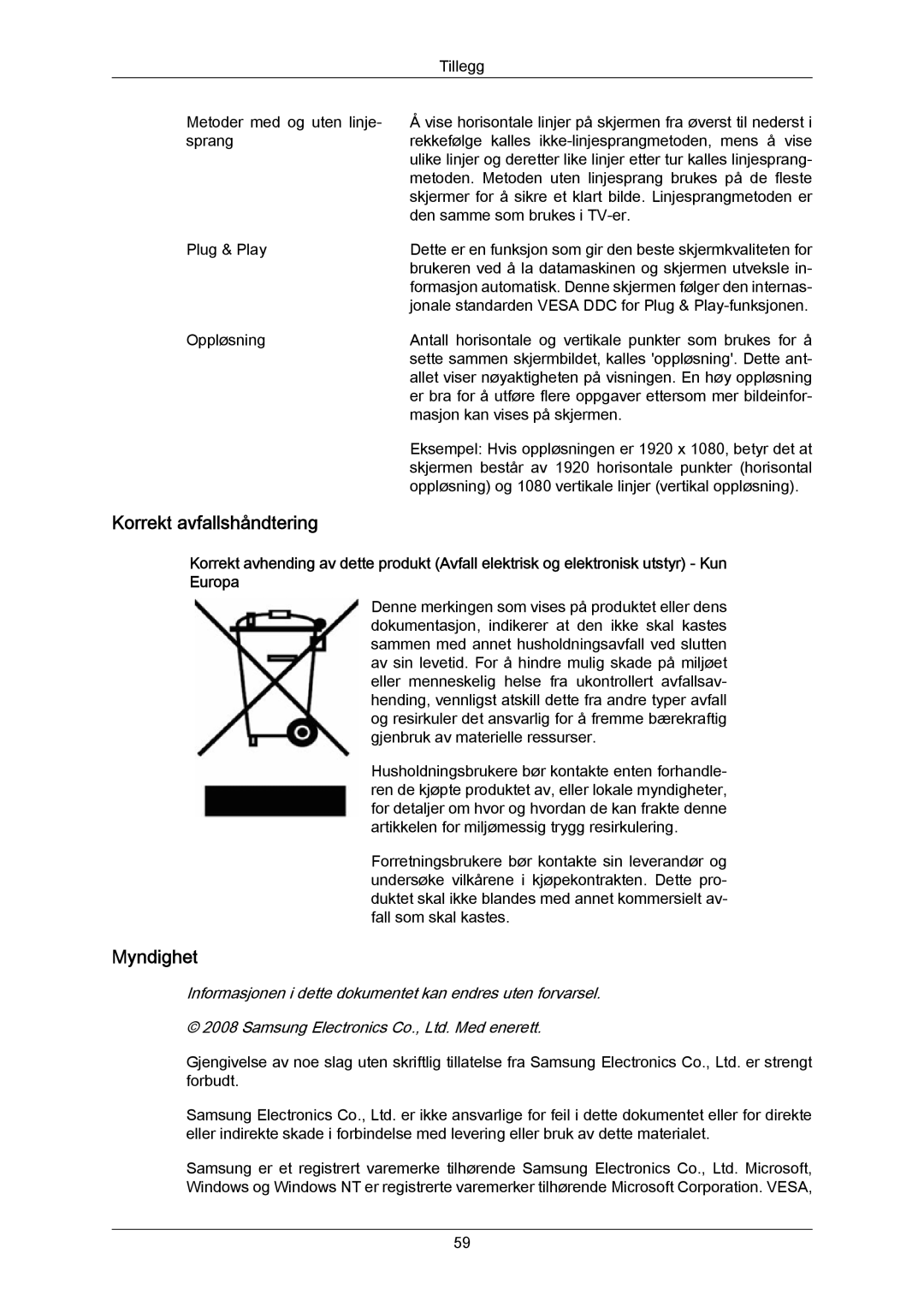 Samsung LS23CMZKFV/EN, LS23CMZKFVA/EN manual Korrekt avfallshåndtering, Myndighet 