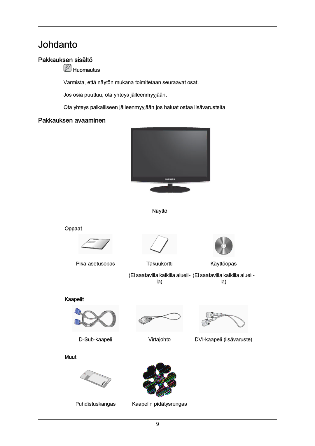 Samsung LS23CMZKFV/EN, LS23CMZKFVA/EN manual Johdanto, Pakkauksen sisältö, Pakkauksen avaaminen 