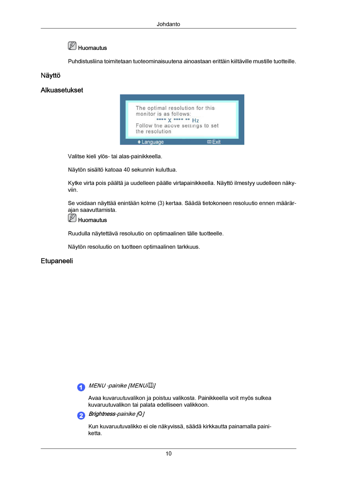 Samsung LS23CMZKFVA/EN, LS23CMZKFV/EN manual Näyttö Alkuasetukset, Etupaneeli 