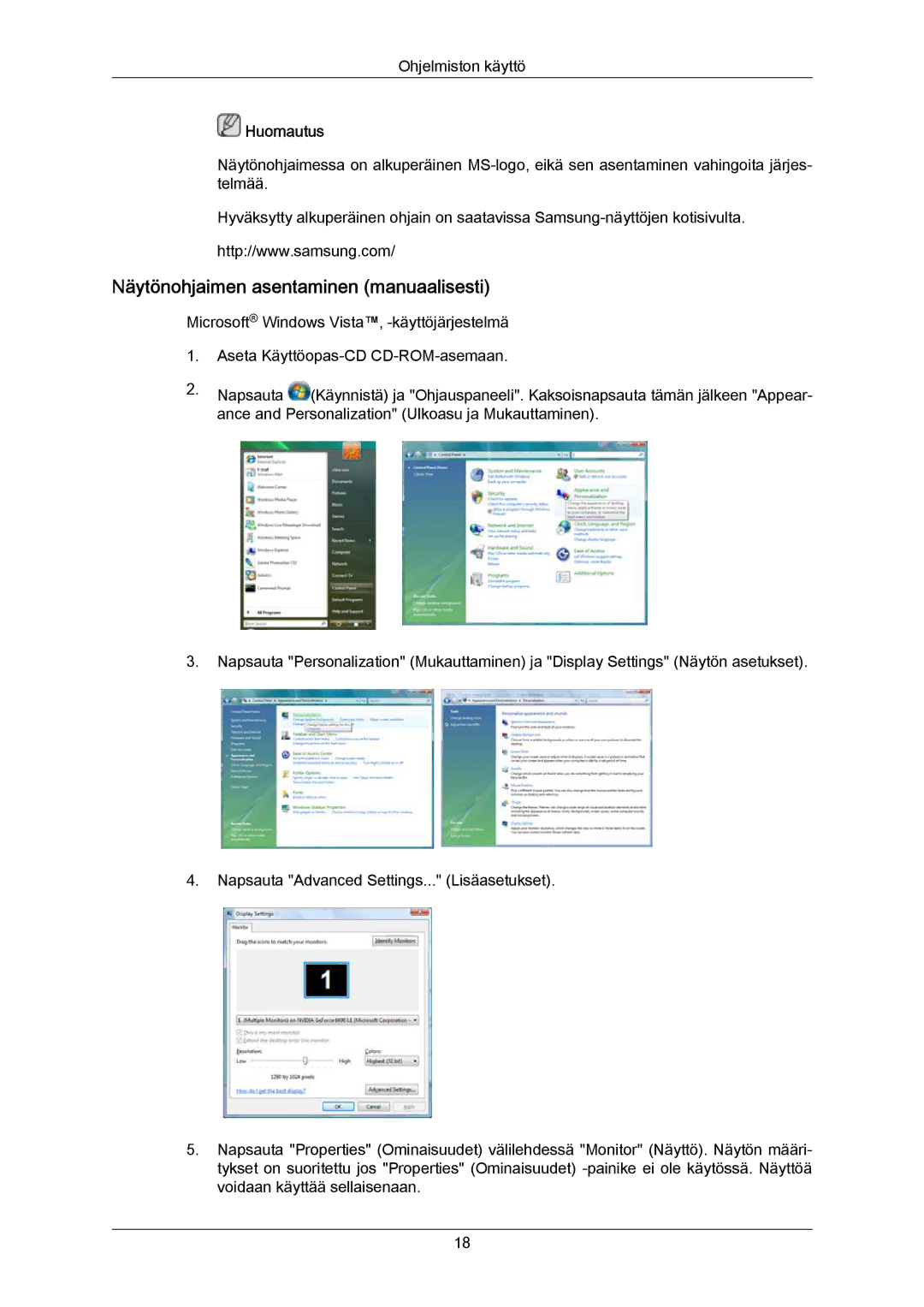 Samsung LS23CMZKFVA/EN, LS23CMZKFV/EN manual Näytönohjaimen asentaminen manuaalisesti 