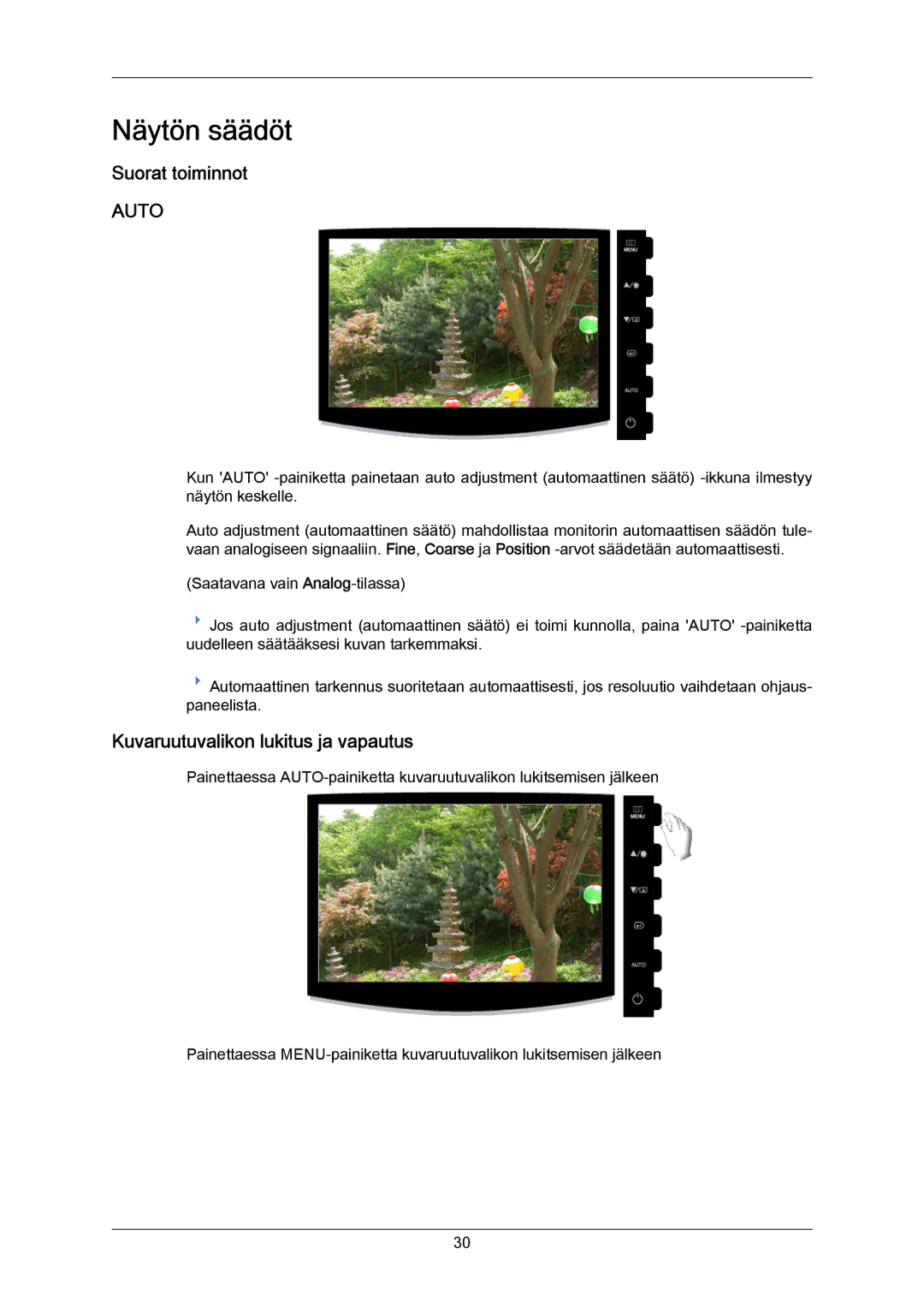 Samsung LS23CMZKFVA/EN, LS23CMZKFV/EN manual Näytön säädöt, Suorat toiminnot, Kuvaruutuvalikon lukitus ja vapautus 