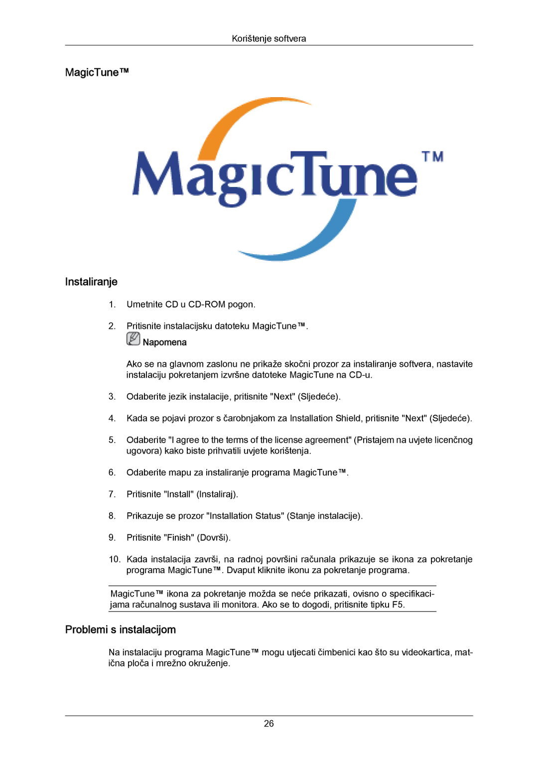 Samsung LS23CMZKFVA/EN, LS23CMZKFV/EN manual MagicTune Instaliranje, Problemi s instalacijom 