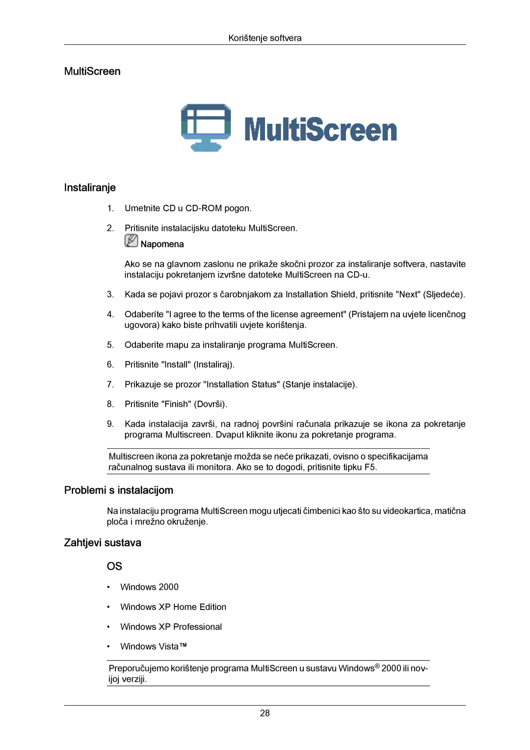 Samsung LS23CMZKFVA/EN, LS23CMZKFV/EN manual MultiScreen Instaliranje 