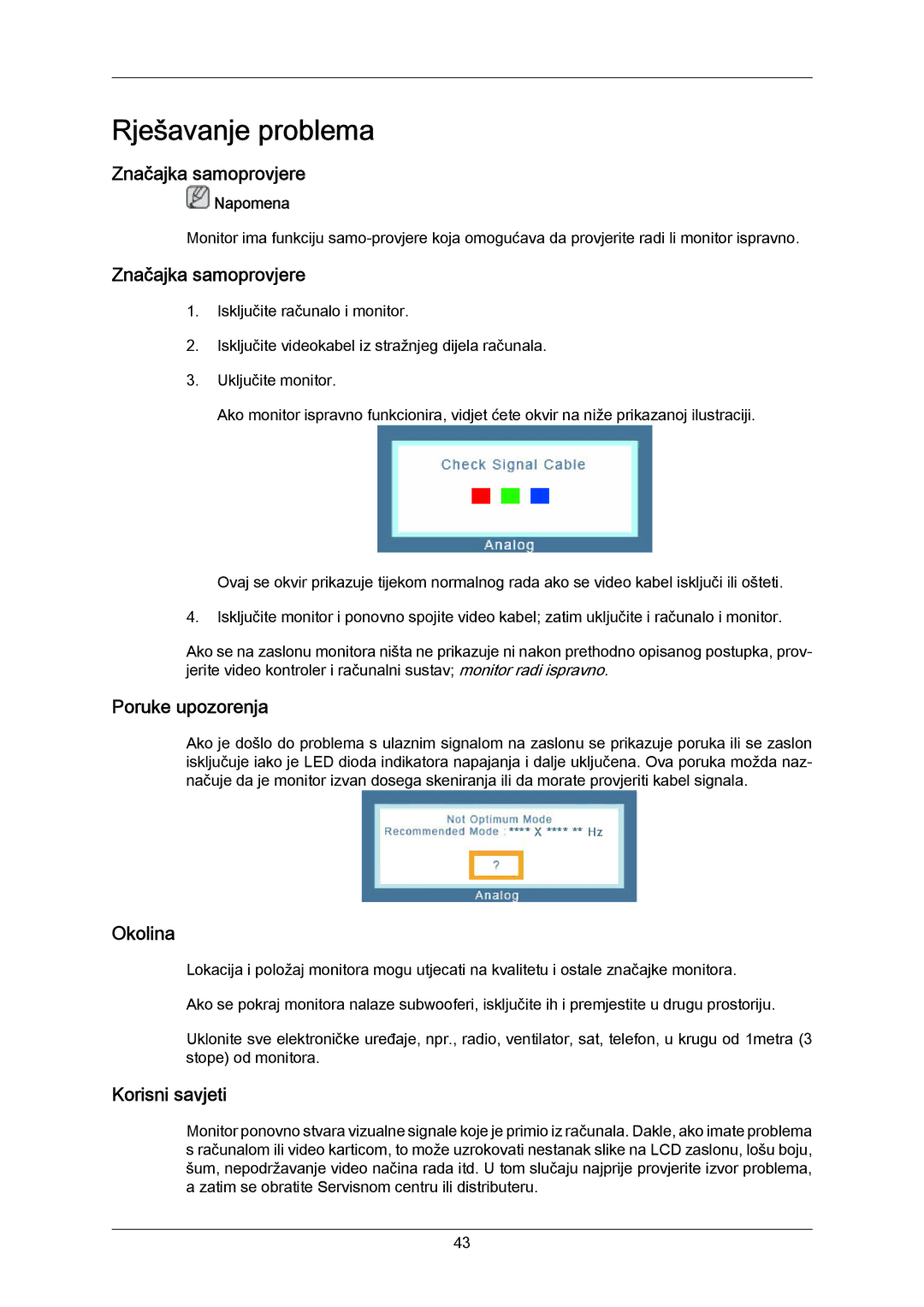 Samsung LS23CMZKFV/EN manual Rješavanje problema, Značajka samoprovjere, Poruke upozorenja, Okolina, Korisni savjeti 