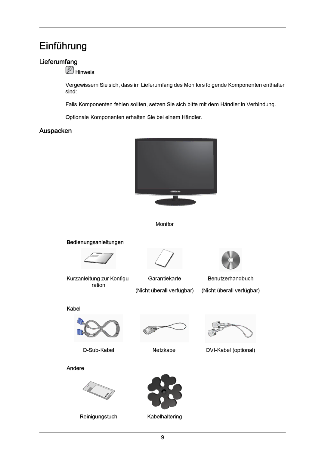 Samsung LS23CMZKFV/EN manual Einführung, Lieferumfang, Auspacken 