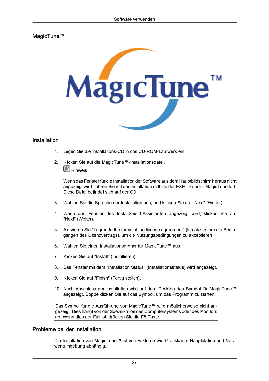 Samsung LS23CMZKFV/EN manual MagicTune Installation, Probleme bei der Installation 