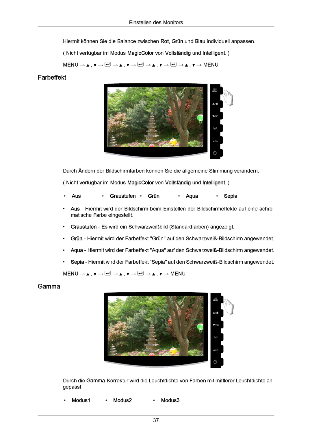 Samsung LS23CMZKFV/EN manual Farbeffekt, Gamma, Aus Graustufen Grün Aqua Sepia, Modus1 Modus2 Modus3 