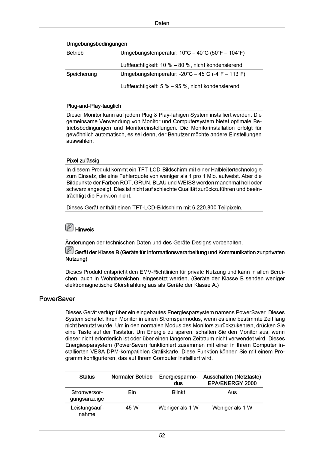 Samsung LS23CMZKFV/EN manual PowerSaver, Umgebungsbedingungen, Plug-and-Play-tauglich, Pixel zulässig 