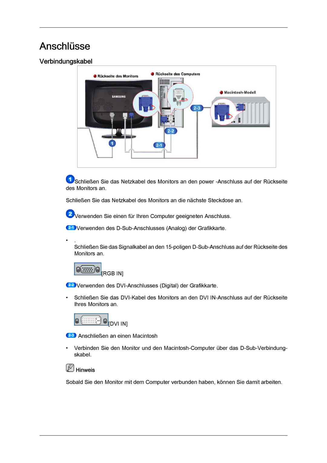 Samsung LS23CMZKFV/EN manual Anschlüsse, Verbindungskabel 