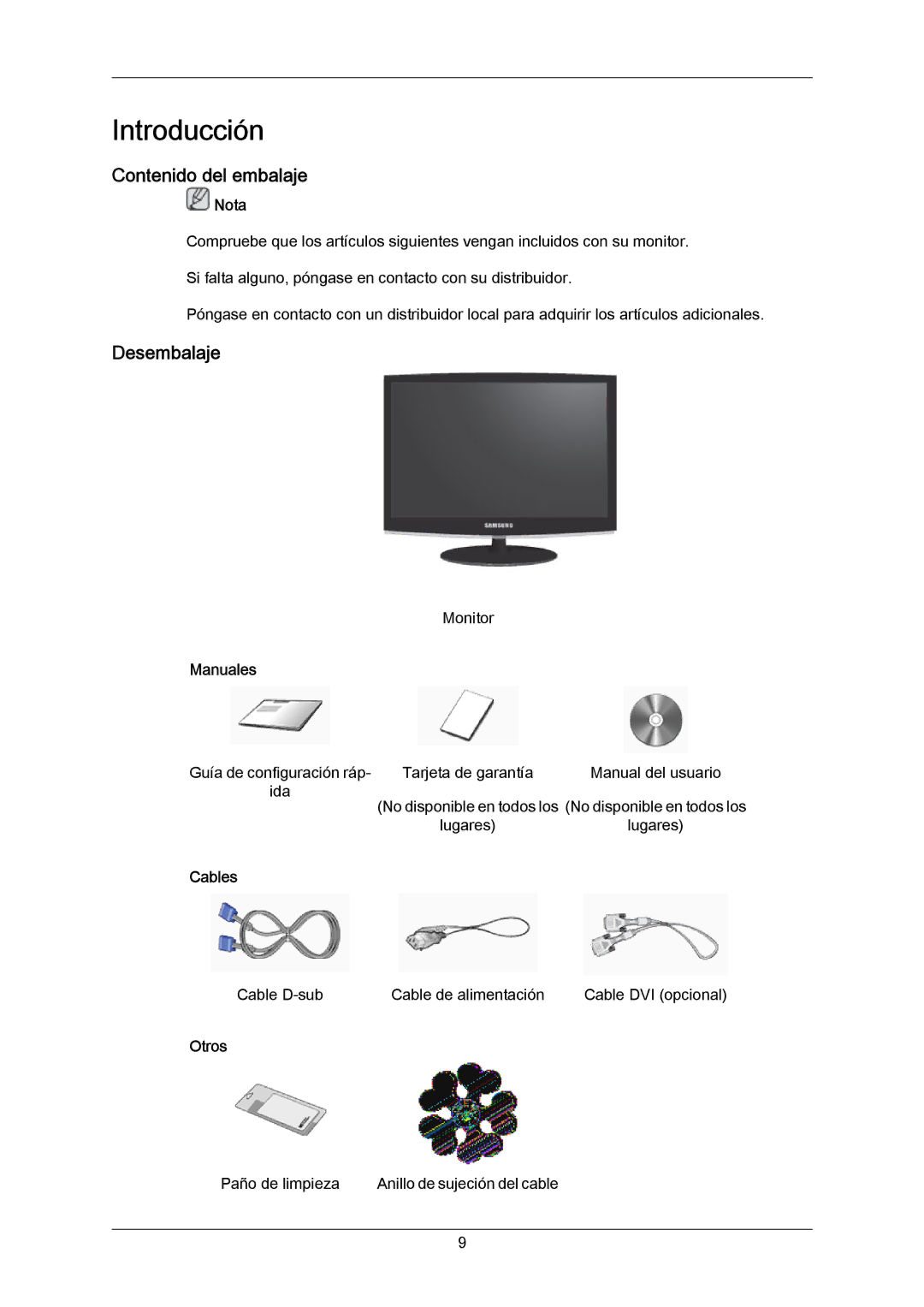 Samsung LS23CMZKFV/EN manual Introducción, Contenido del embalaje, Desembalaje 