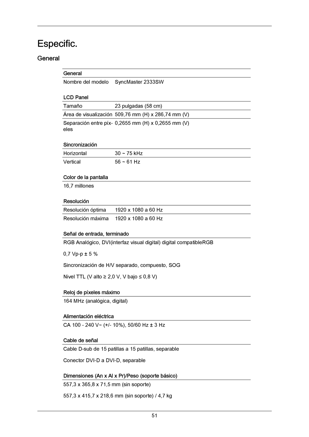 Samsung LS23CMZKFV/EN manual Especific, General 