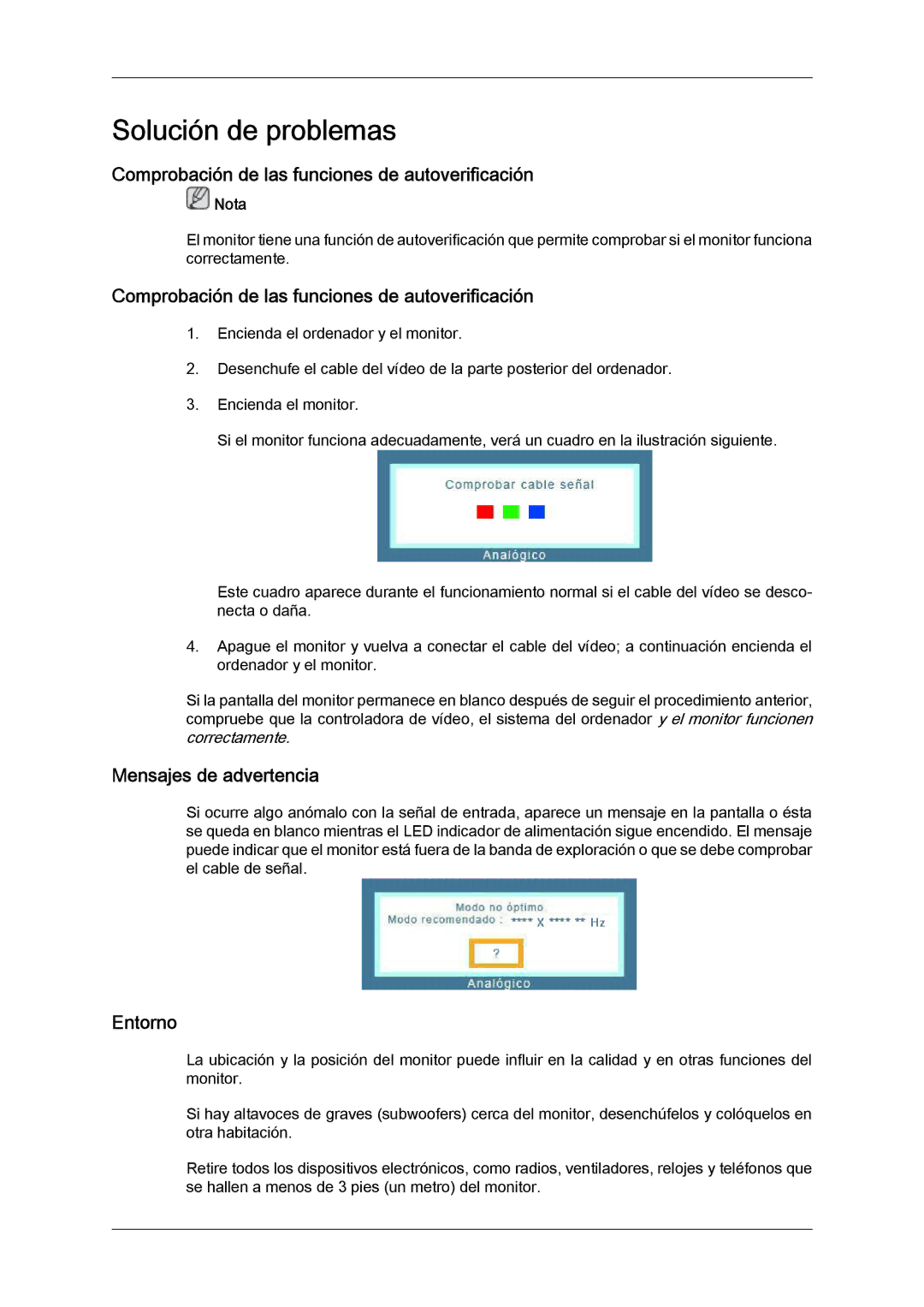 Samsung LS23CMZKFV/EN manual Comprobación de las funciones de autoverificación, Mensajes de advertencia, Entorno 