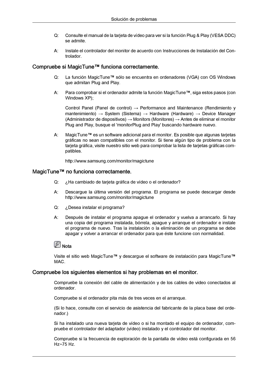 Samsung LS23CMZKFV/EN manual Compruebe si MagicTune funciona correctamente, MagicTune no funciona correctamente 