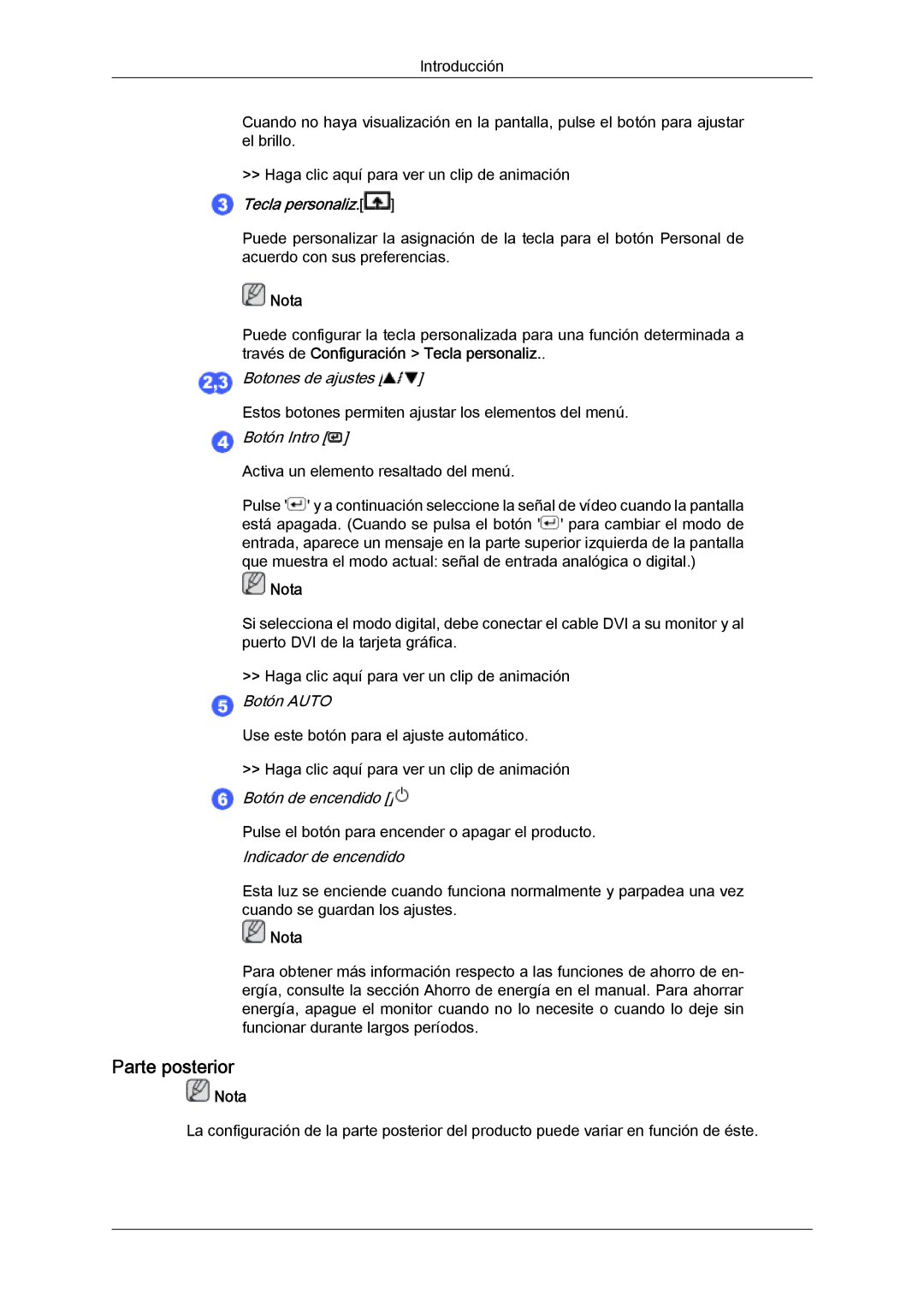 Samsung LS23CMZKFV/EN manual Parte posterior, Botón Intro 