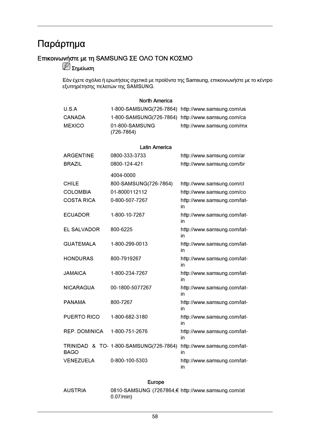 Samsung LS23CMZKFV/EN manual Παράρτημα, Επικοινωνήστε με τη Samsung ΣΕ ΟΛΟ ΤΟΝ Κοσμο, North America, Latin America, Europe 