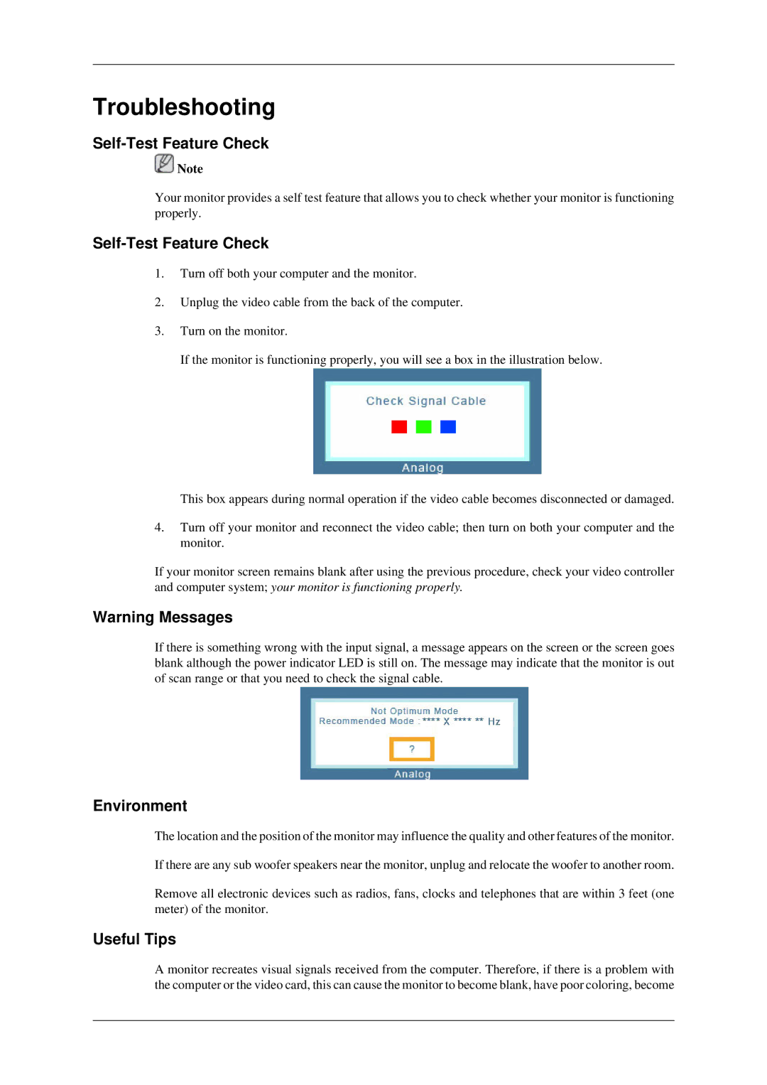 Samsung 2333SW-KF/KR, LS23CMZKFV/XJ, LS23CMZKFV/EN manual Troubleshooting, Self-Test Feature Check, Environment, Useful Tips 