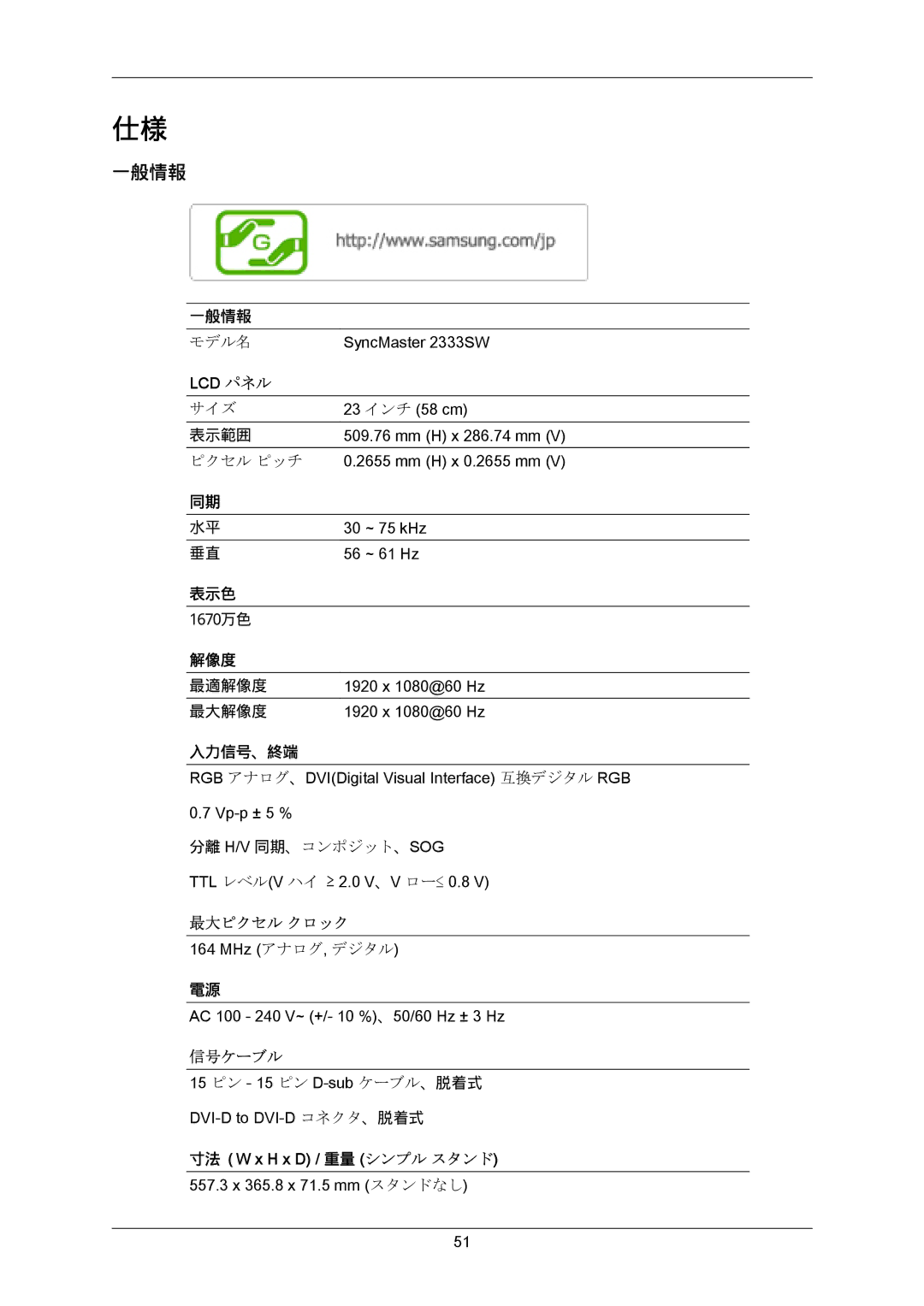 Samsung LS23CMZKFV/XJ manual 一般情報, 最大ピクセル クロック, 信号ケーブル 