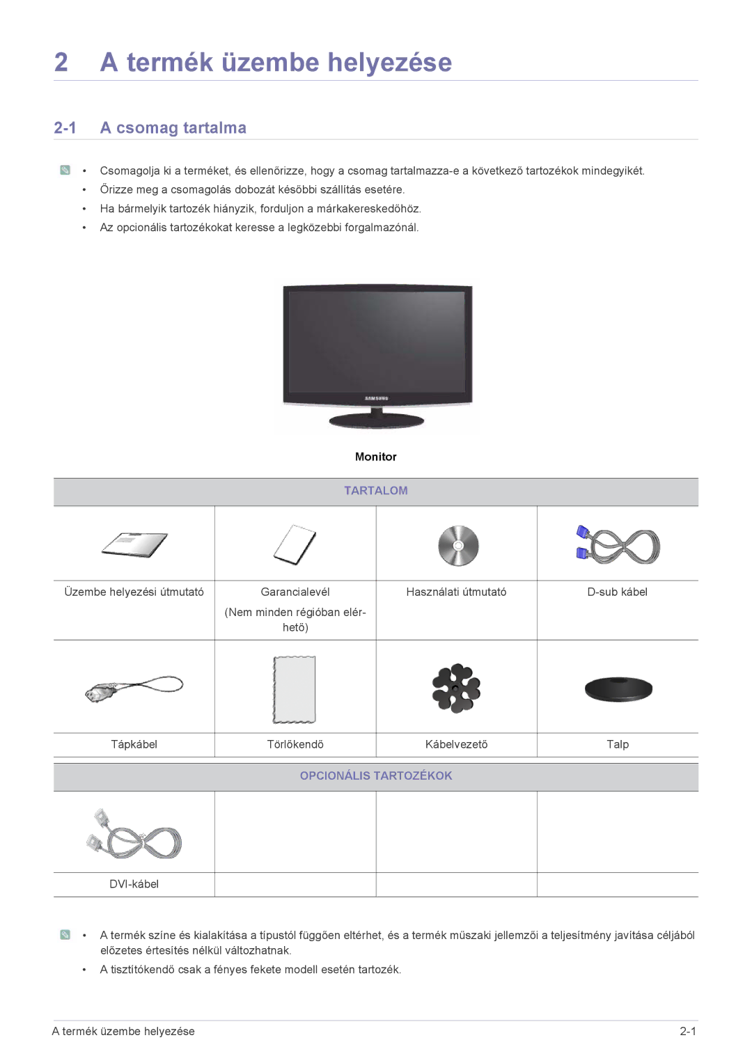 Samsung LS23CMZKFZ/ZN, LS23CMZKFZ/EN manual Termék üzembe helyezése, Csomag tartalma, Tartalom, Opcionális Tartozékok 