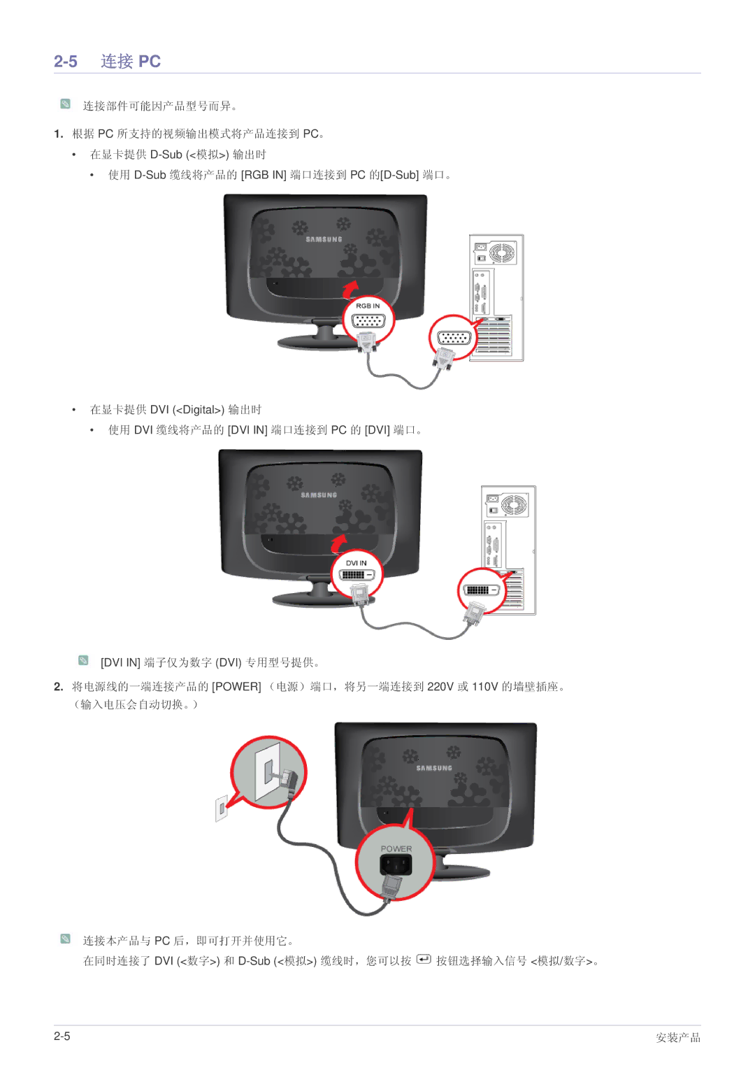 Samsung LS23CMZKFZ/ZN, LS23CMZKFZ/EN, LS23CMTKF/EN manual 连接 Pc, 连接部件可能因产品型号而异。 根据 Pc 所支持的视频输出模式将产品连接到 Pc。 