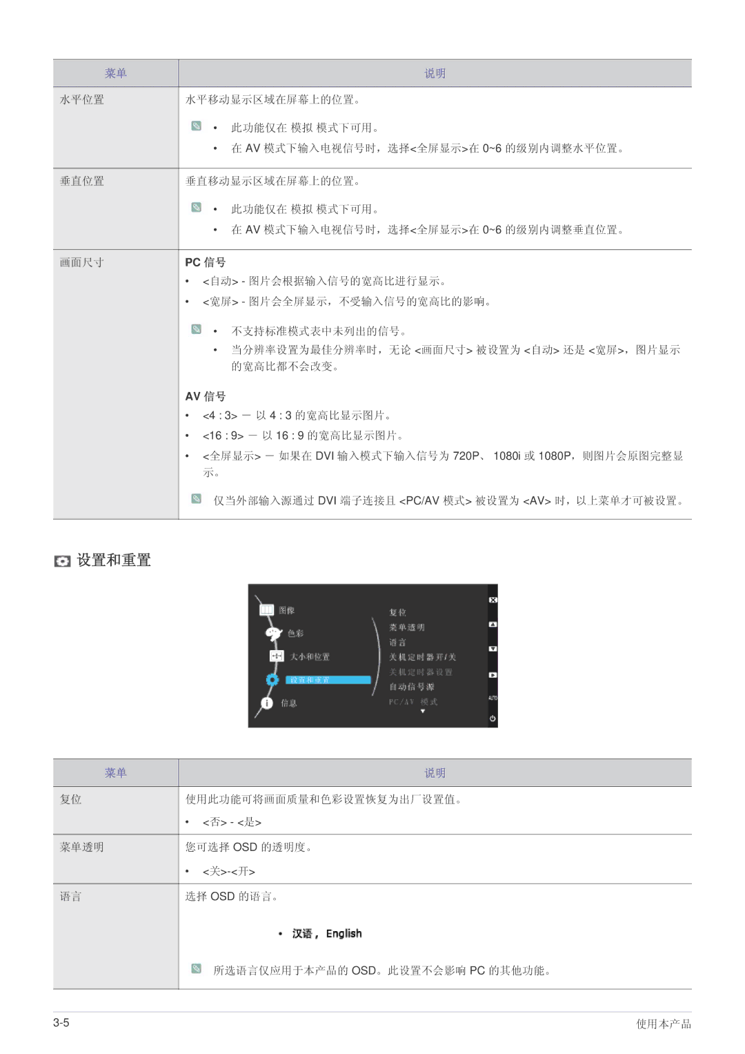 Samsung LS23CMZKFZ/EN, LS23CMTKF/EN 设置和重置, 自动 图片会根据输入信号的宽高比进行显示。, 宽屏 图片会全屏显示，不受输入信号的宽高比的影响。, 使用此功能可将画面质量和色彩设置恢复为出厂设置值。 