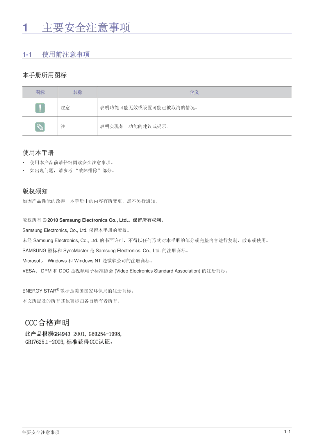 Samsung LS23CMZKFZ/EN, LS23CMTKF/EN, LS23CMZKFZ/ZN manual 主要安全注意事项, 1使用前注意事项, 本手册所用图标, 使用本手册, 版权须知 