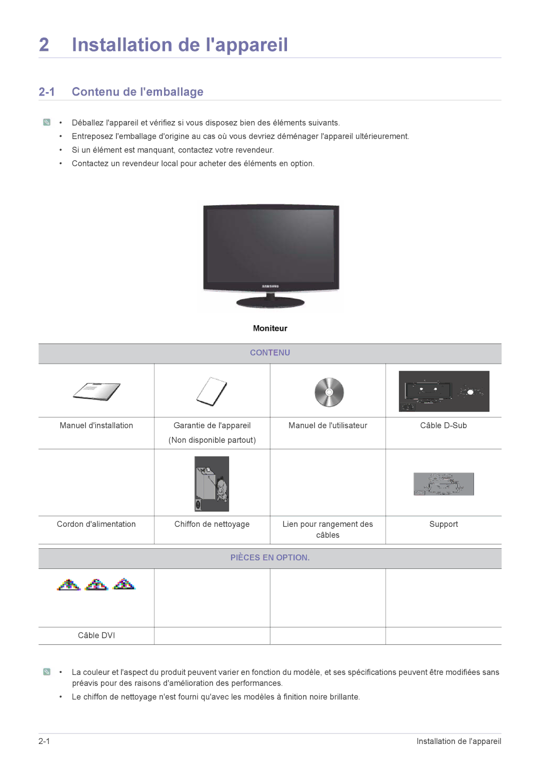 Samsung LS23CMZKFZ/EN, LS23CMTKF/EN manual Installation de lappareil, Contenu de lemballage, Pièces EN Option 