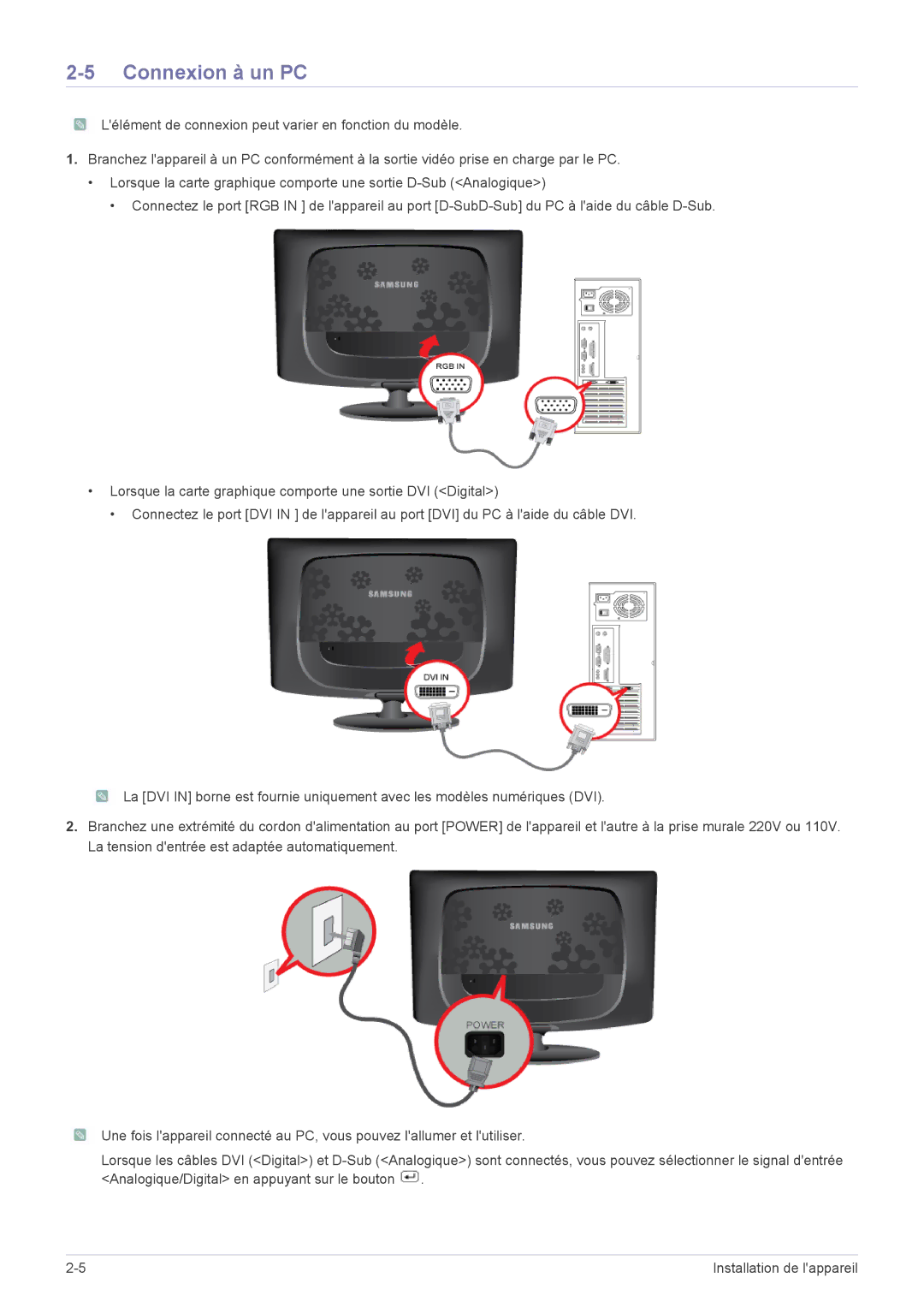 Samsung LS23CMZKFZ/EN, LS23CMTKF/EN manual Connexion à un PC 