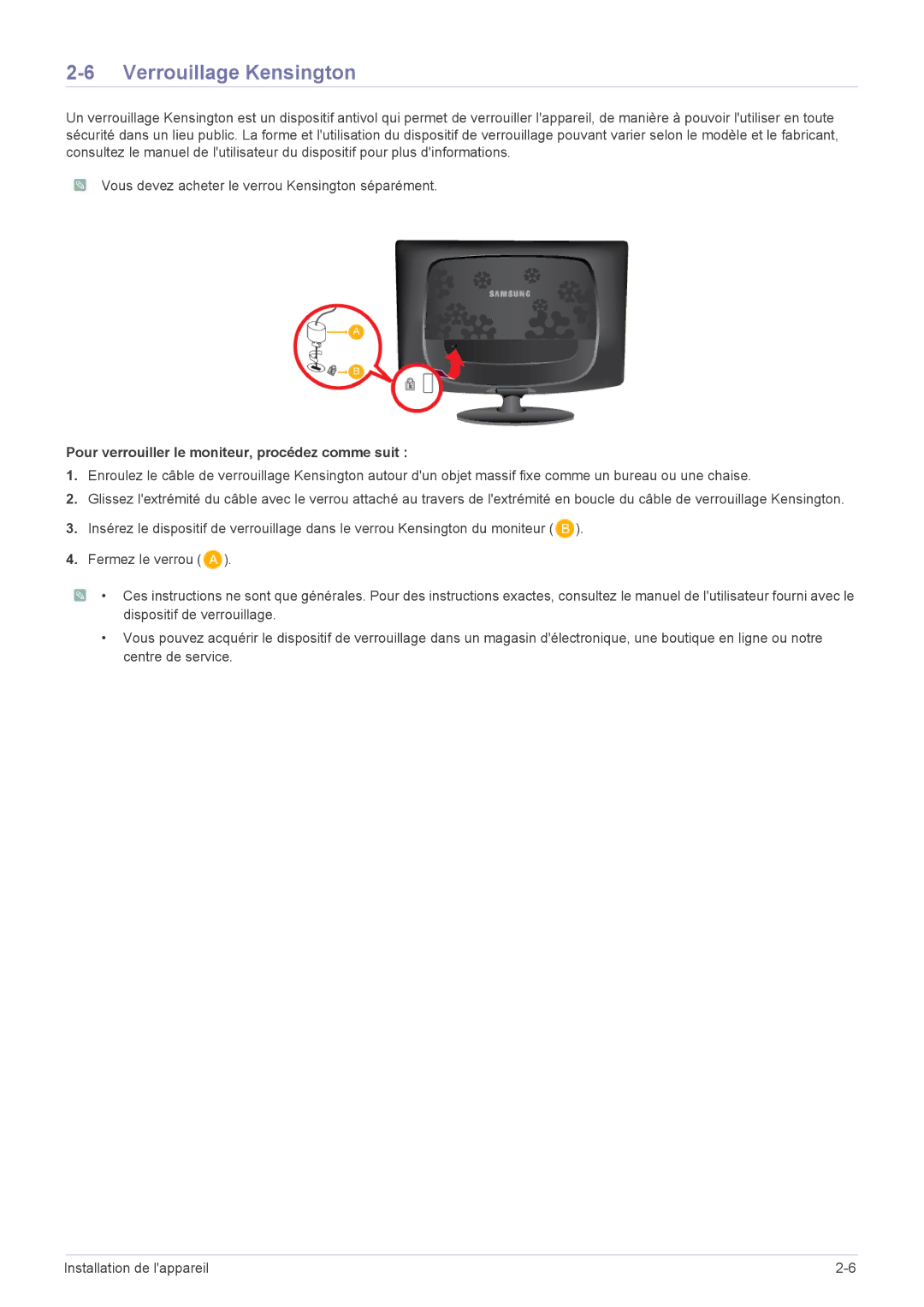 Samsung LS23CMTKF/EN, LS23CMZKFZ/EN manual Verrouillage Kensington, Pour verrouiller le moniteur, procédez comme suit 