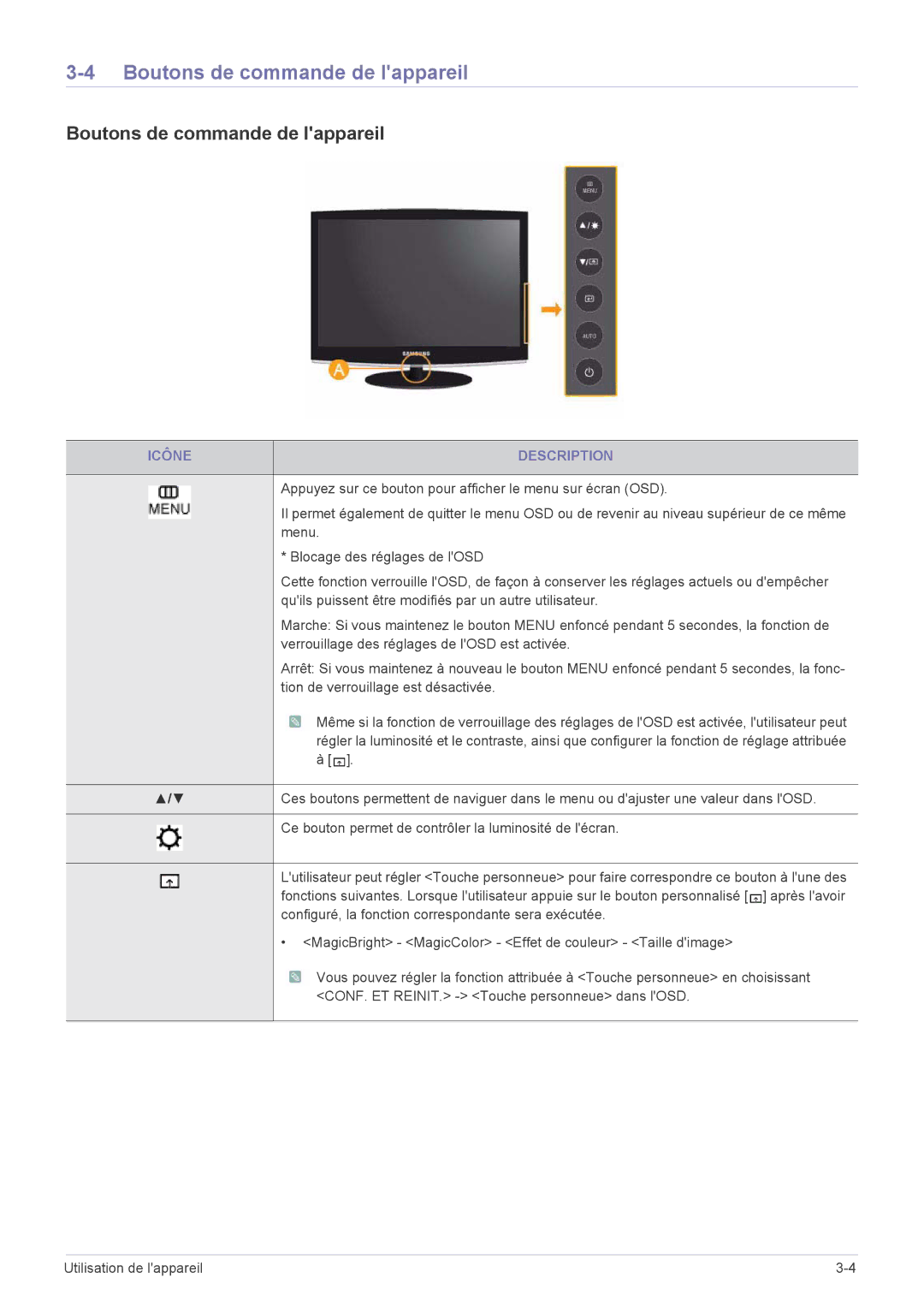 Samsung LS23CMTKF/EN, LS23CMZKFZ/EN manual Boutons de commande de lappareil, Icône Description 