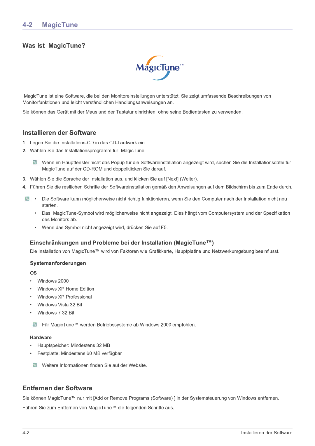 Samsung LS23CMZKFZ/EN, LS23CMTKF/EN Was ist MagicTune?, Installieren der Software, Entfernen der Software, Hardware 