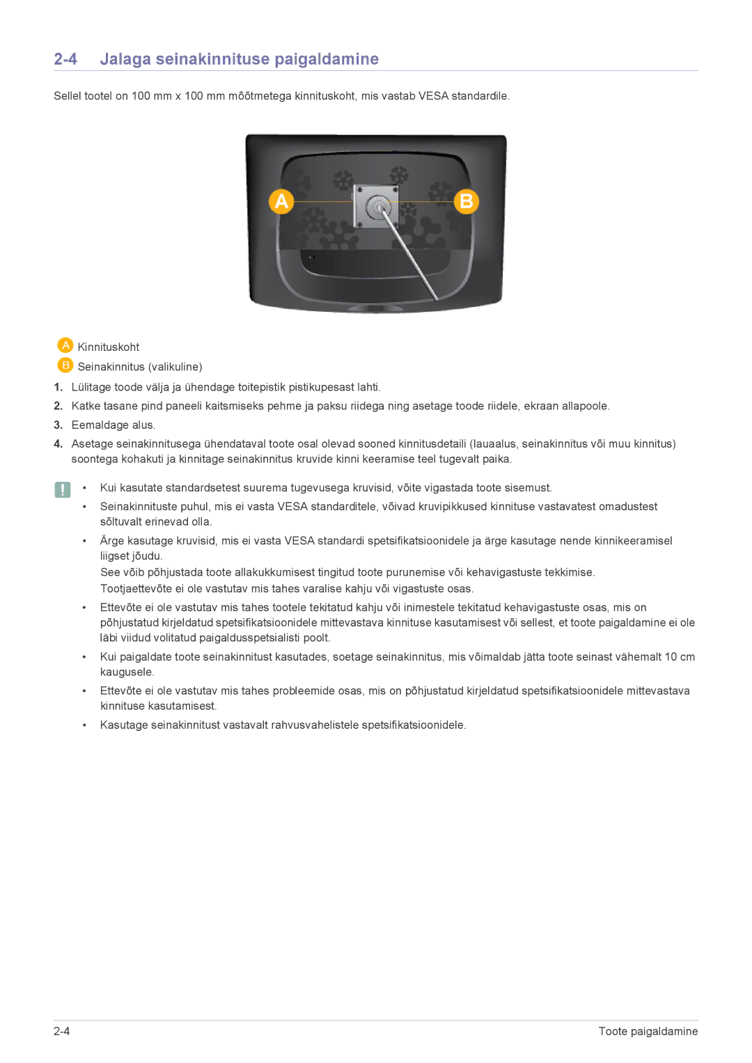 Samsung LS23CMZKFZ/EN, LS23CMTKF/EN manual Jalaga seinakinnituse paigaldamine 